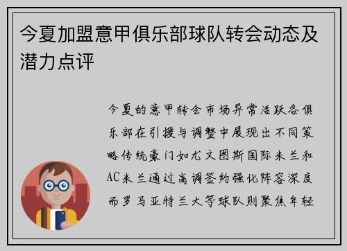 今夏加盟意甲俱乐部球队转会动态及潜力点评